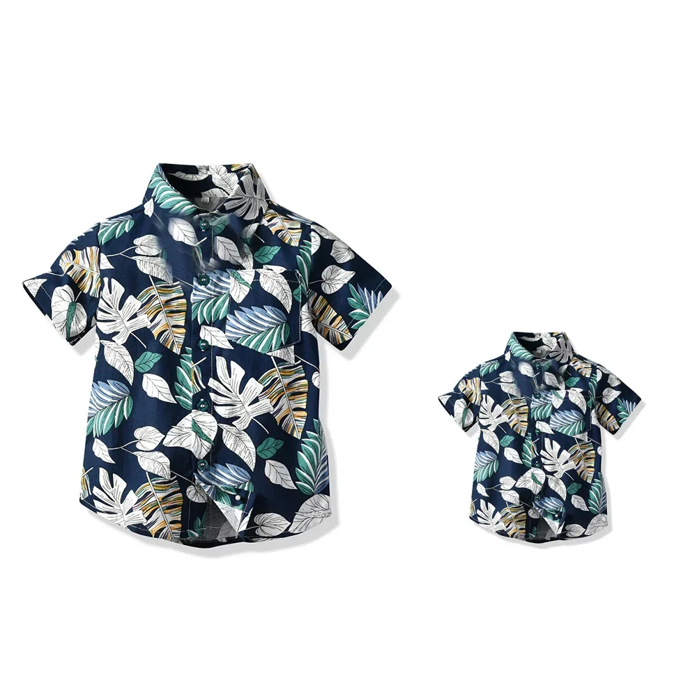 Boy Hawaiian Flower Shirt  Lapel Short Sleeve Father Kid Shredded Casual Cardigan Parent Child Clothe Button Summer Beach Blouse