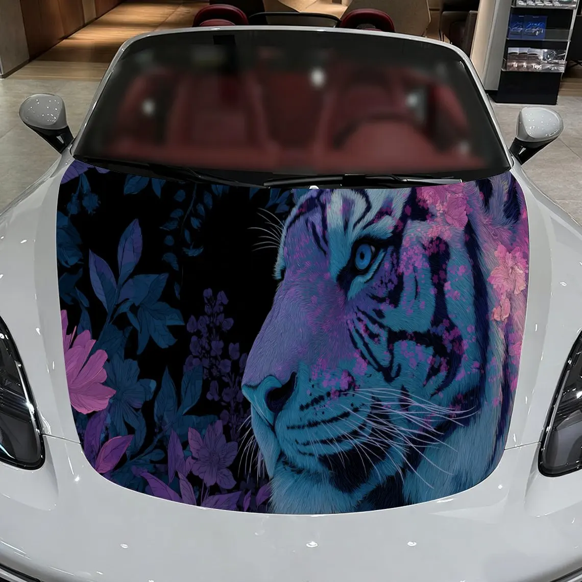 Car Decals A Tiger Design with Floral Elements in a Vibrant, Color-Blended Textured Background with Artistic, Whimsical Visual D