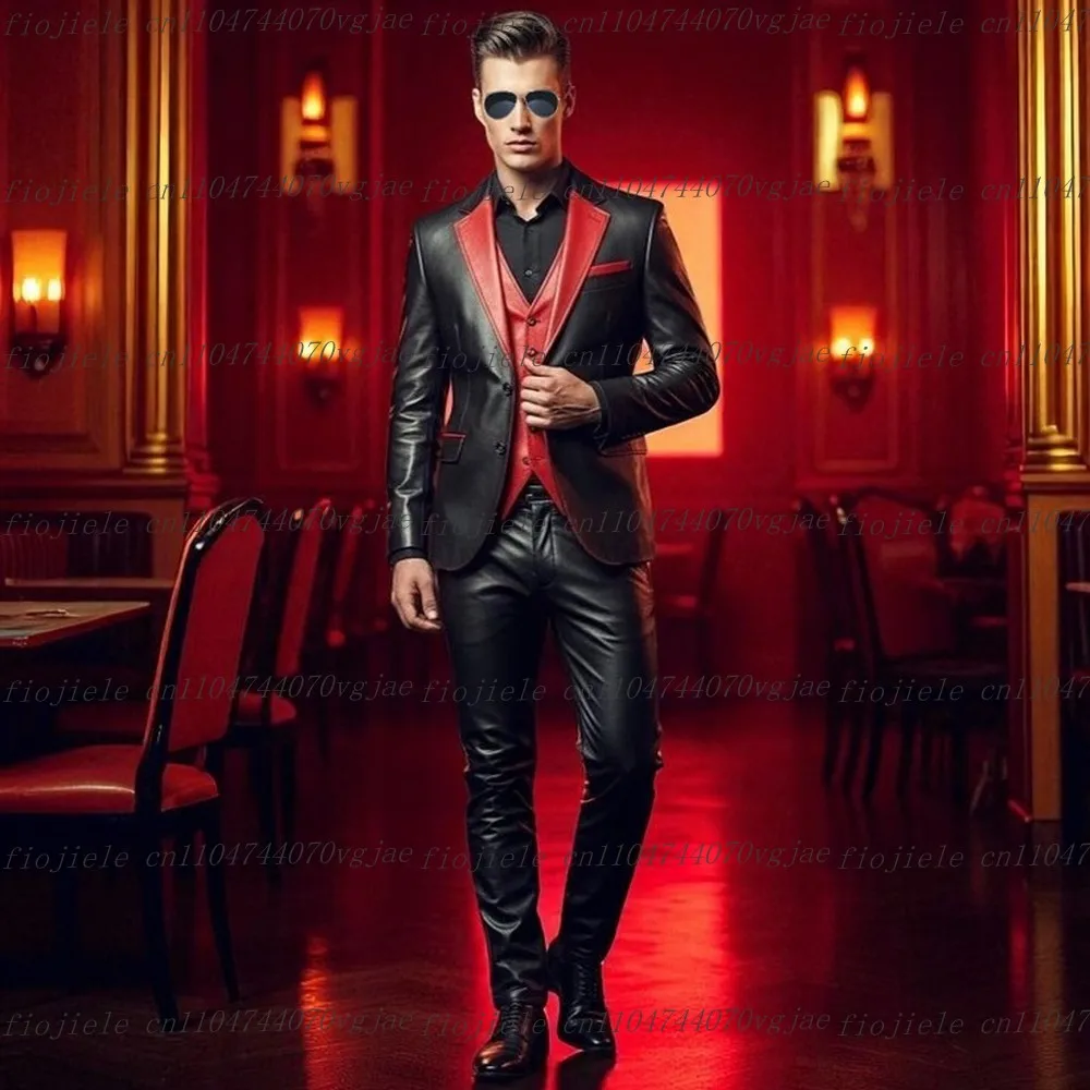 

Black And Red Leather Men Suit Formal Wedding Party Groom Groomsman Prom Male Tuxedos Customize 3 Piece Set Jacket Vest Pants