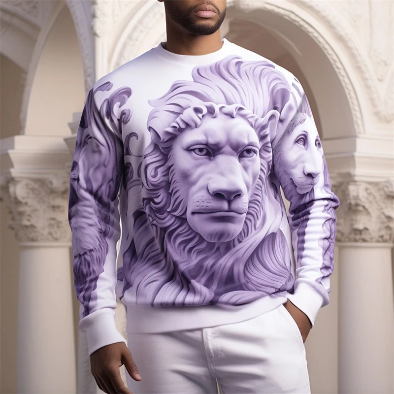 Fashion Lion Relief Graphic Sweatshirts Trend Cool Long Sleeve Mens 3D Printed Crew Neck Hoodie Casual Streetwear Oversized Tops