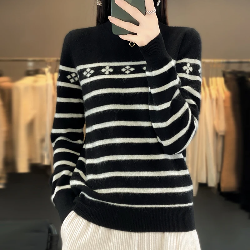 

Knitted Striped Women's Sweater Autumn and Winter 100% Wool Pullover High-End and Fashionable Women's Thermal round-Neck Top