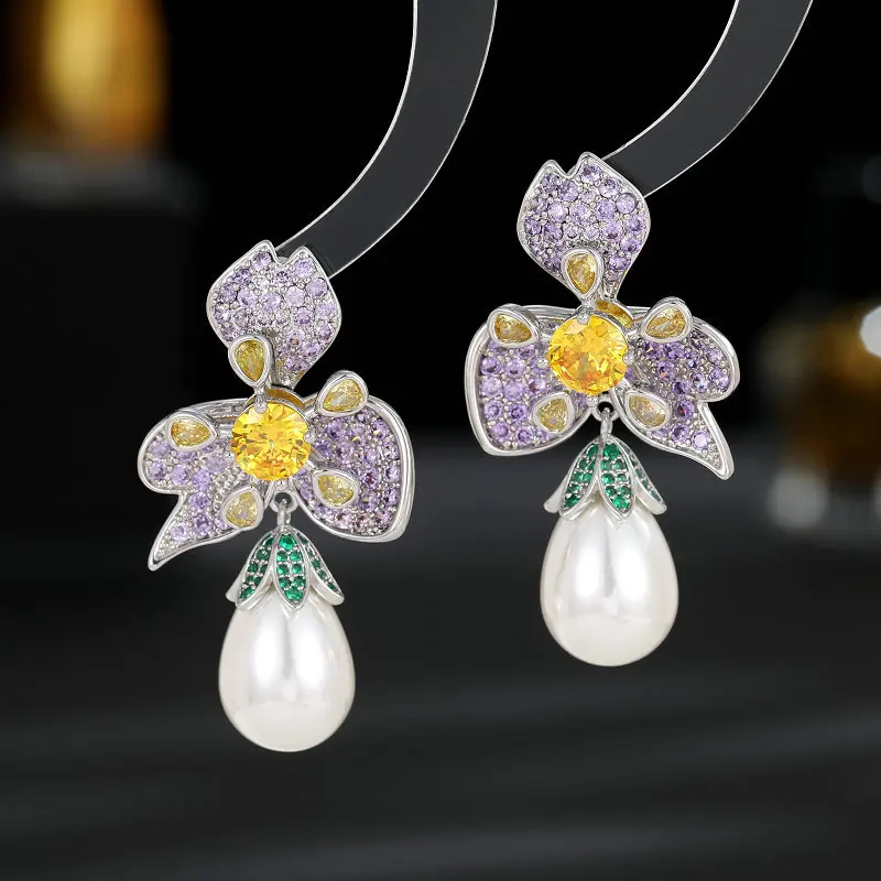 

sweet flower earrings for women shiny zirconia jewelry pink purple white flower pearl pendant earrings party daily wear jewelry