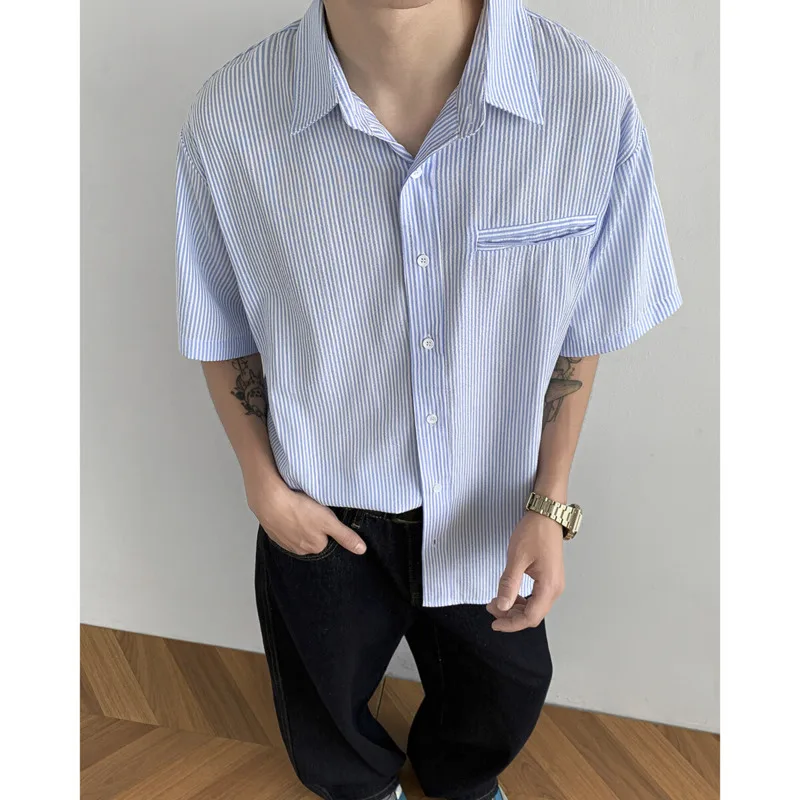 

Summer Short Sleeved Shirt Men Fashion Society Mens Formal Dress Shirt Korean Loose Casual Shirt Mens Blue Striped Shirts