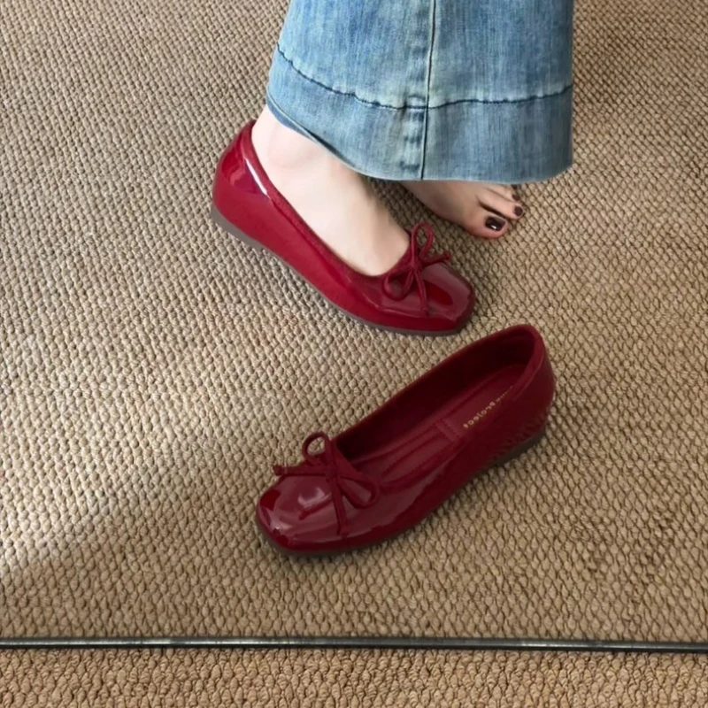 Butterfly-knot Slip On Women Ballet Comfort Square Toe Leather Shoes Ladies Eelgant Internal Elevation Wedding Mary Jane Shoes