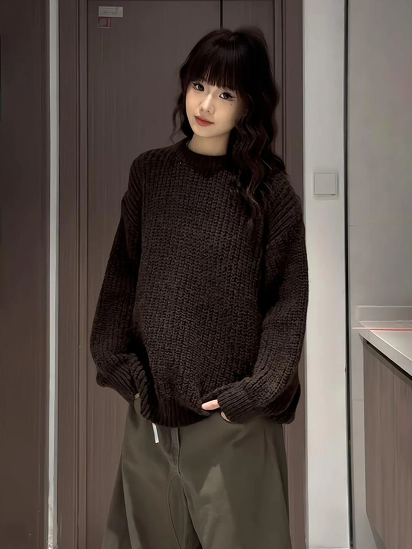 

Ce Brown American Retro round Ne Knitwear Men Women Winter High End Lazy Sle Couple Sweater Coat Polyester Fiber