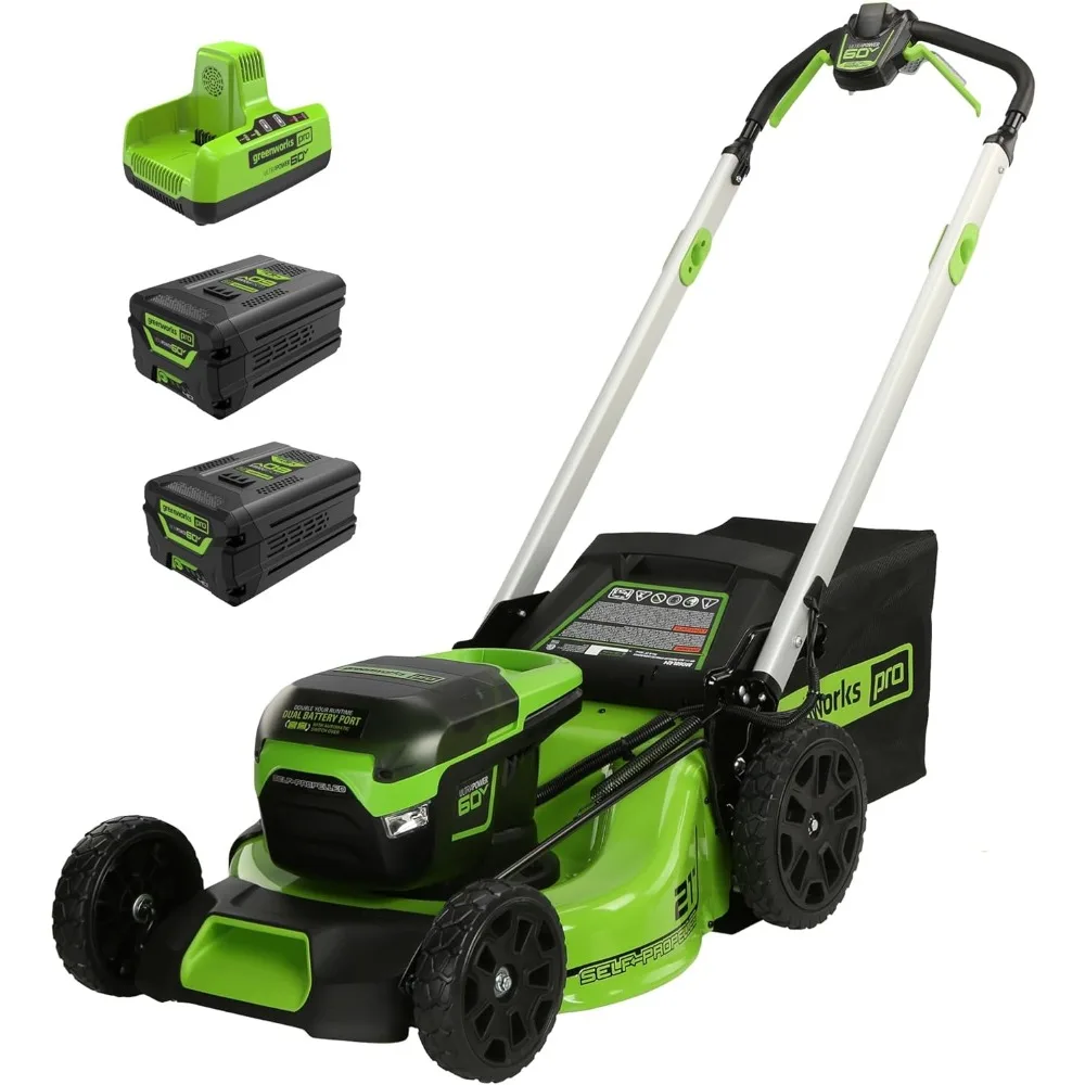 60V 21” Cordless (Self-Propelled) Lawn Mower (LED Lights + Aluminum Handles), 2 x 4.0Ah Batteries and Dual Port Rapid Charger