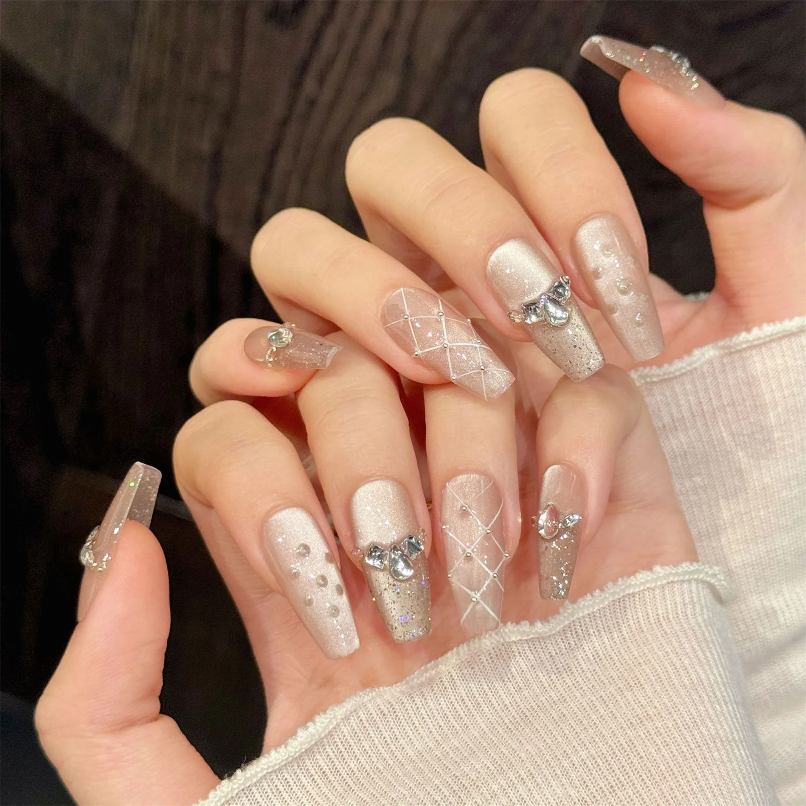Crystal Cat's Eye Glitter False Nails 10pcs Handmade Press On Nails With Rhinestones Nude Shimmer Reusable Fake Nails For Women
