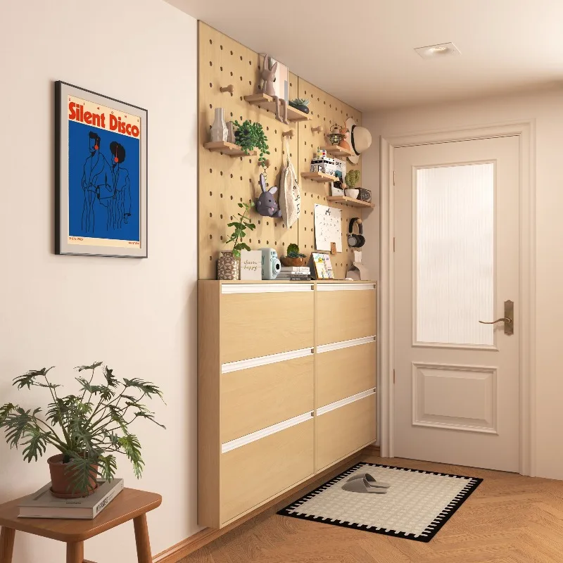 The hole board shoe cabinet behind  door is integrated,  ultra-thin tipping bucket is extremely narrow, and  entrance e