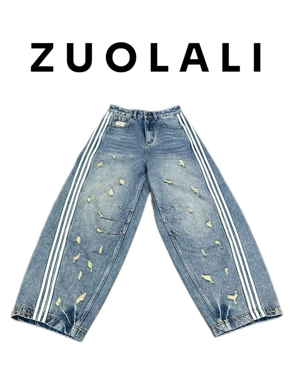 

High Waist Ripped Design American Style Wide Leg Jeans High Waist Loose Fit Comfortable Breathable Blue Denim Casual Jeans