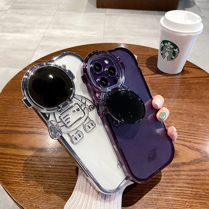 Glitter Cartoon Astronaut Bracket Case For iPhone 14 13 12 Pro Max 15 Plus 11 Xr Plating Holder Transparent Gradient Stand Cover image 3