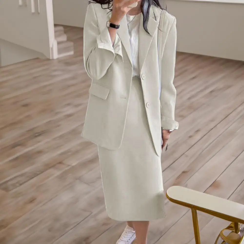 Formal Coat Skirt Ensemble Elegant Women's Office Suit Set with Lapel Coat High Waist Midi Skirt Professional for Office