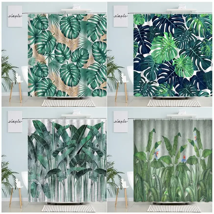 Tropical Plant Leaves Shower Curtains Creative Monstera Palm Banana Leaf Parrot Print Bath Curtain Set Bathroom Decor With Hooks