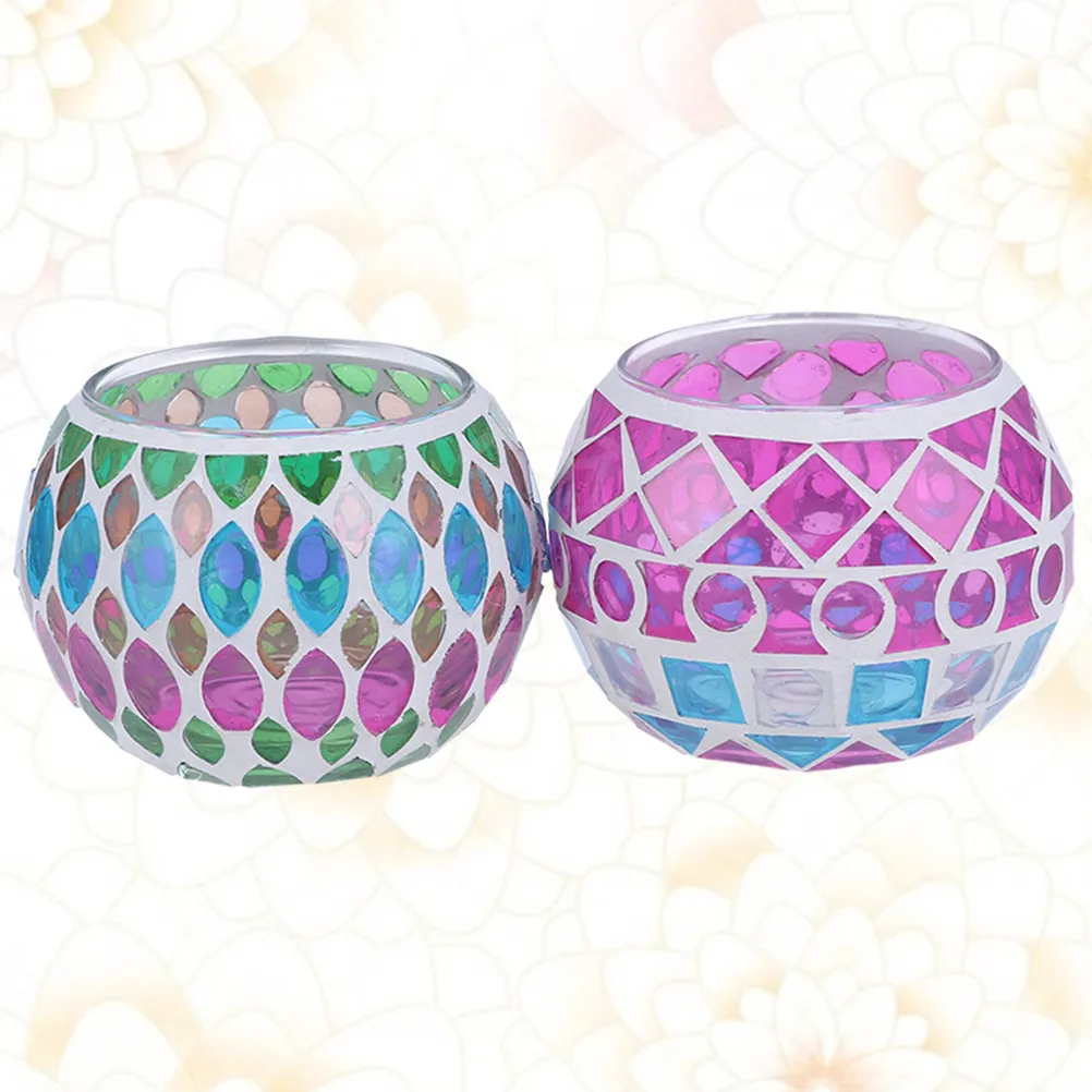 2Pcs Glass Mosaic Holder Retro Round Tealight Holder Colorful Rhombus Dots Vintage Classic Home Decor Meditation