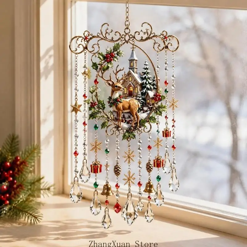 Colorful Christmas Hanging Decoration with Cascading Chains, Clear Faceted Pendants, and a Top Loop for Holiday Displays 3XUF