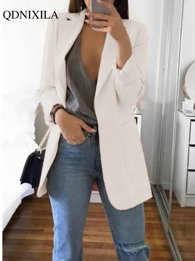 2024 Spring New Women\'s Jacket Pink White Long Blazer Oversize Elegant Fashion Casual Office Wear Female Slim Cardigan Suit Coat