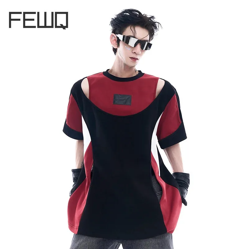 FEWQ Deconstructed Design Double Layer Hollow Short Sleeved Men\'s Tshirt Summer 2024 Contrast Color Male Tops Fashion 24E1302