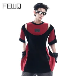 FEWQ Deconstructed Design Double Layer Hollow Short Sleeved Men's Tshirt Summer 2024 Contrast Color Male Tops Fashion 24E1302