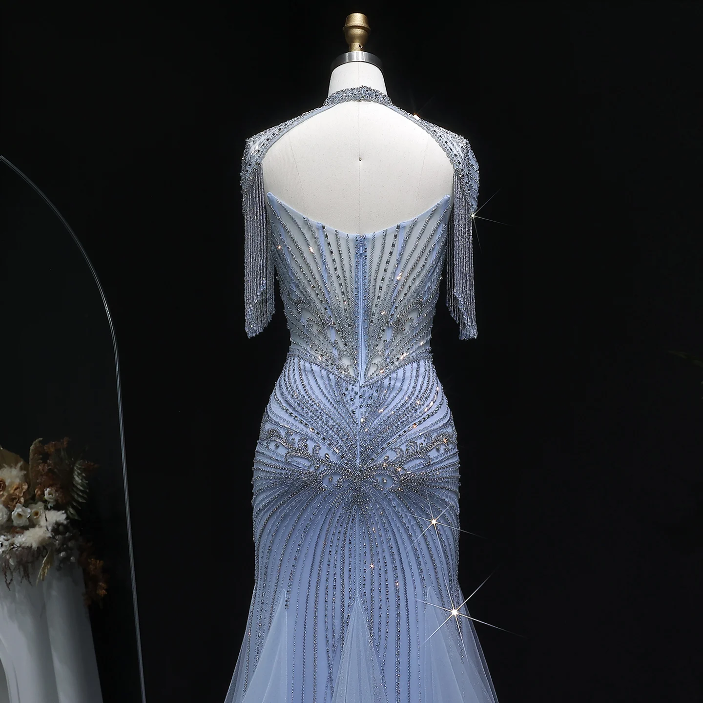 Sharon Said Elegantes Champagner-Meerjungfrauenkleid mit Cape-Ärmeln, Kristallperlen, Blaues Hochzeitskleid, SS021, Maßanfertigung – Detail 29