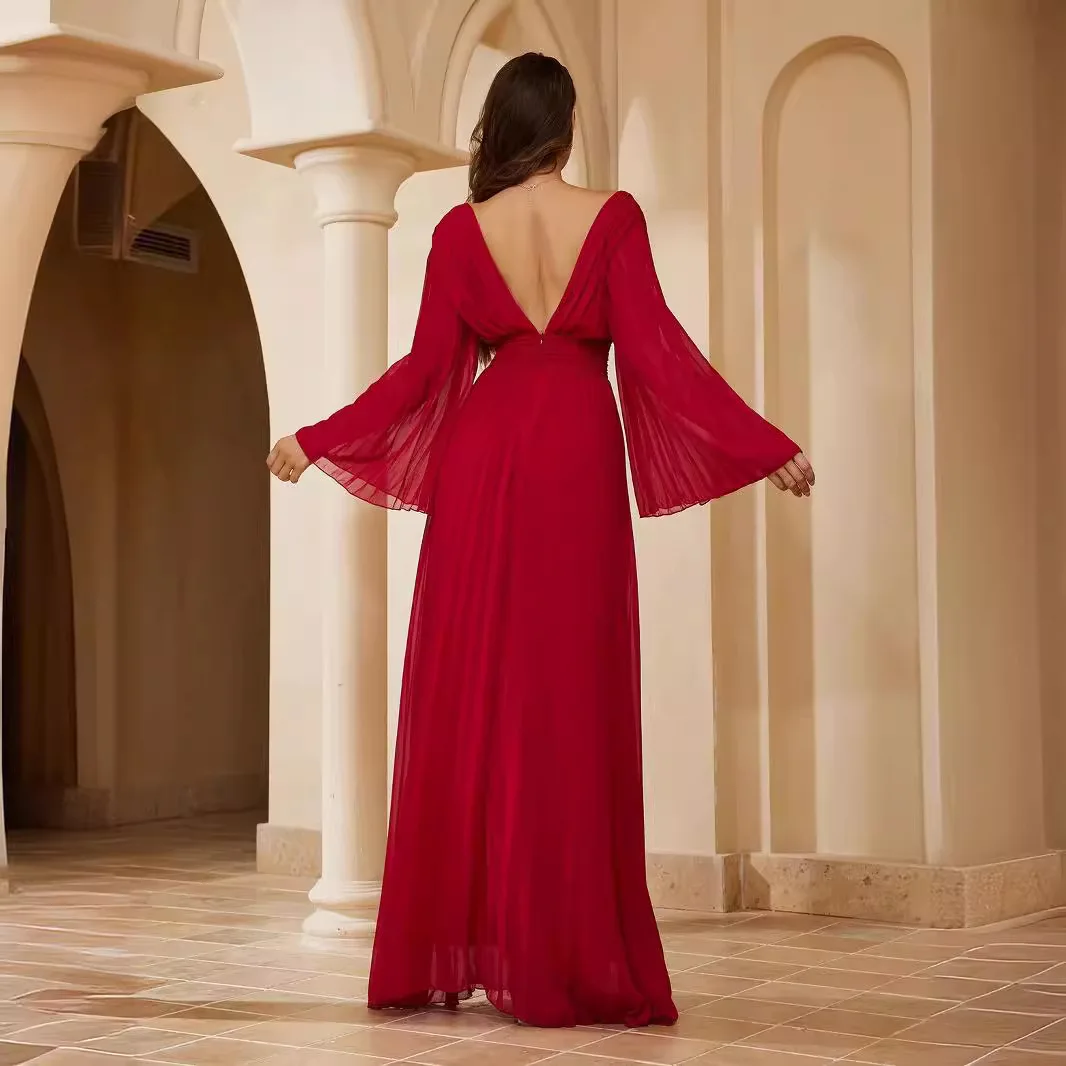 ชุดเดรสแขนยาว V ลึกเซ็กซี่ของผู้หญิง - ชุดทางการเข้ารูปพอดีตัว, ชุดเดรสค็อกเทลปาร์ตี้ตอนเย็น, ชุดเดรสเข้ารูปหรูหรา 2025