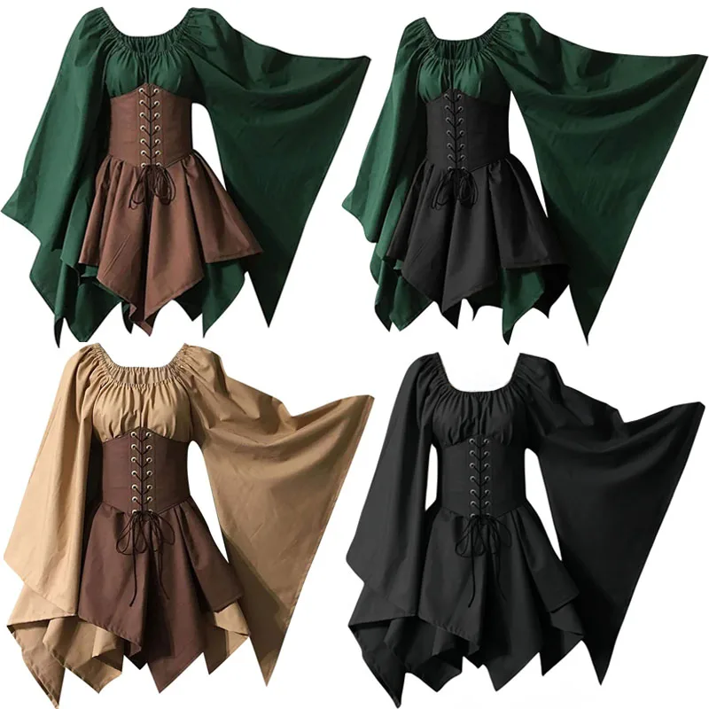 Disfraz Medieval para Mujer, Estilo Renacentista, Falda con Mangas Abullonadas, Corsé, Sobrefalda, Disfraz de Elfo, Protector de Arquería, Vestido de Fantasía Irlandés, 2 Piezas