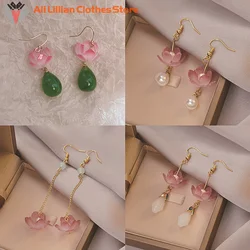 1Pair Unique Exquisite Lotus Earrings Elegant Pink Flower Asymmetric Drop Stud Earrings For Women VintageJewelry Accessories