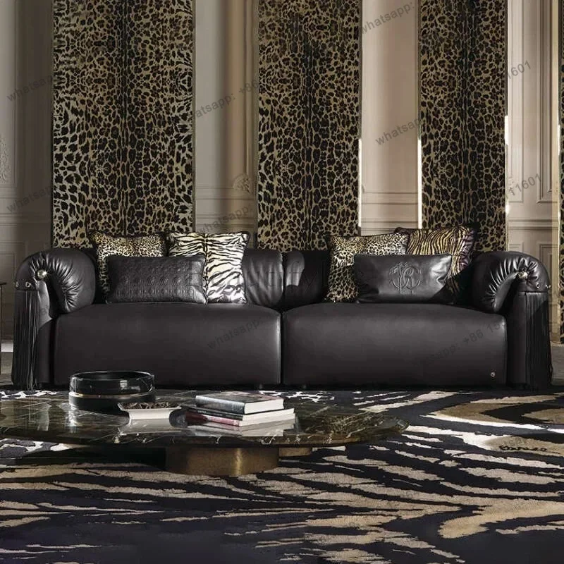 12Italian light luxury leather sofa villa large flat fringed sofa