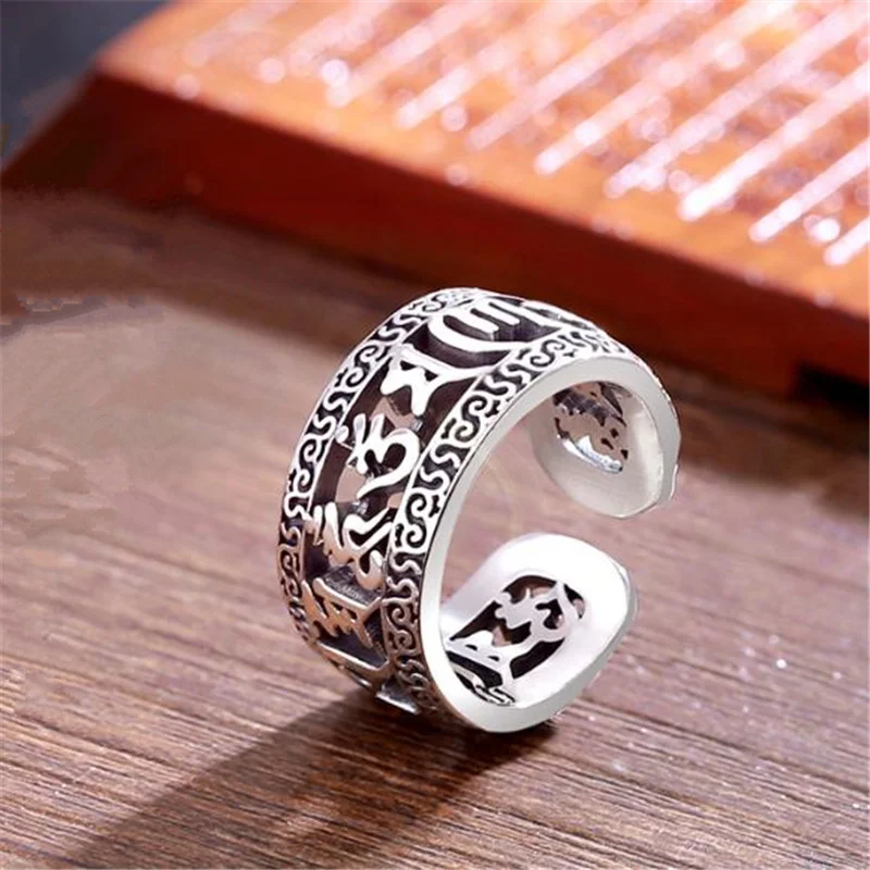 Vintage Buddhist Pray Blessings Ring For Men 925 Silver Jewelry Ethnic Hollow Words Sutra Ring Male Finger Accessories Gift