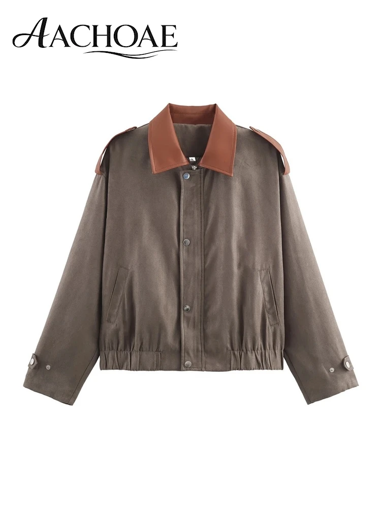 AACHOAE Women's Patchwork Faux Suede Bomber Jacket Contrast Faux Leather Collar Zip Casual Vintage Utility Short Coat Outerwear