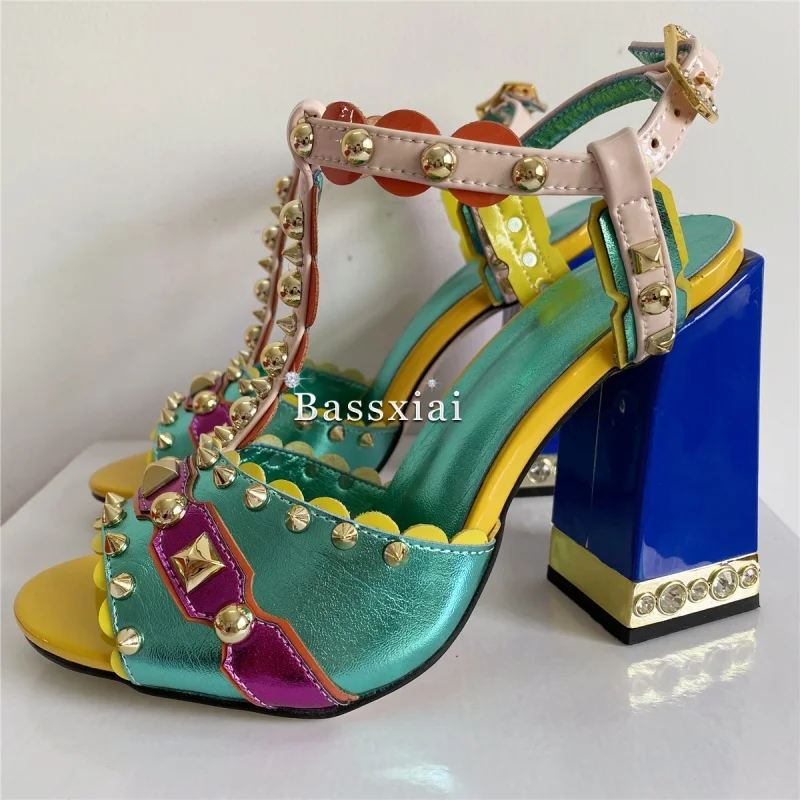 Luxury Rivet T-Strap Sandals Women Jeweled Crystal Square Heel Genuine Leather Mixed Color Party Shoes Summer view 3
