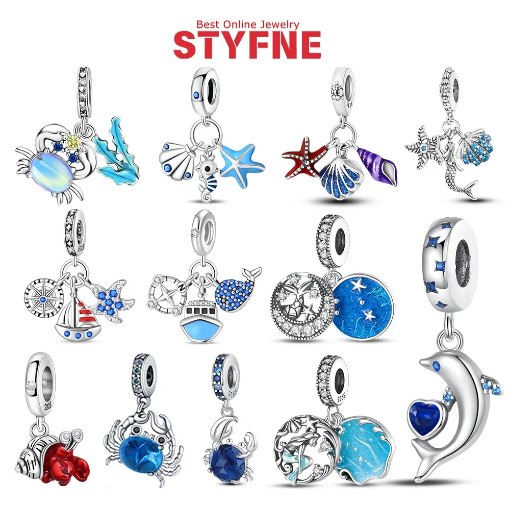 

Charms 925 Silver Ocean Element Sailboat Mermaid Whale Crab Beaded Pendant Fit Original Bracelet DIY Making Women Jewelry Gift