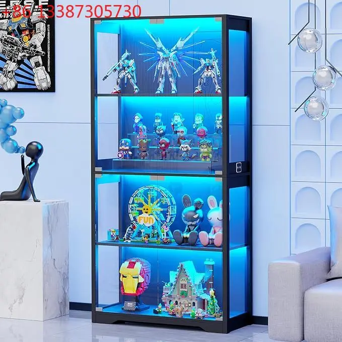 

Display cabinet with glass door 4-story Curio cabinet with 3-color light panel display cabinet