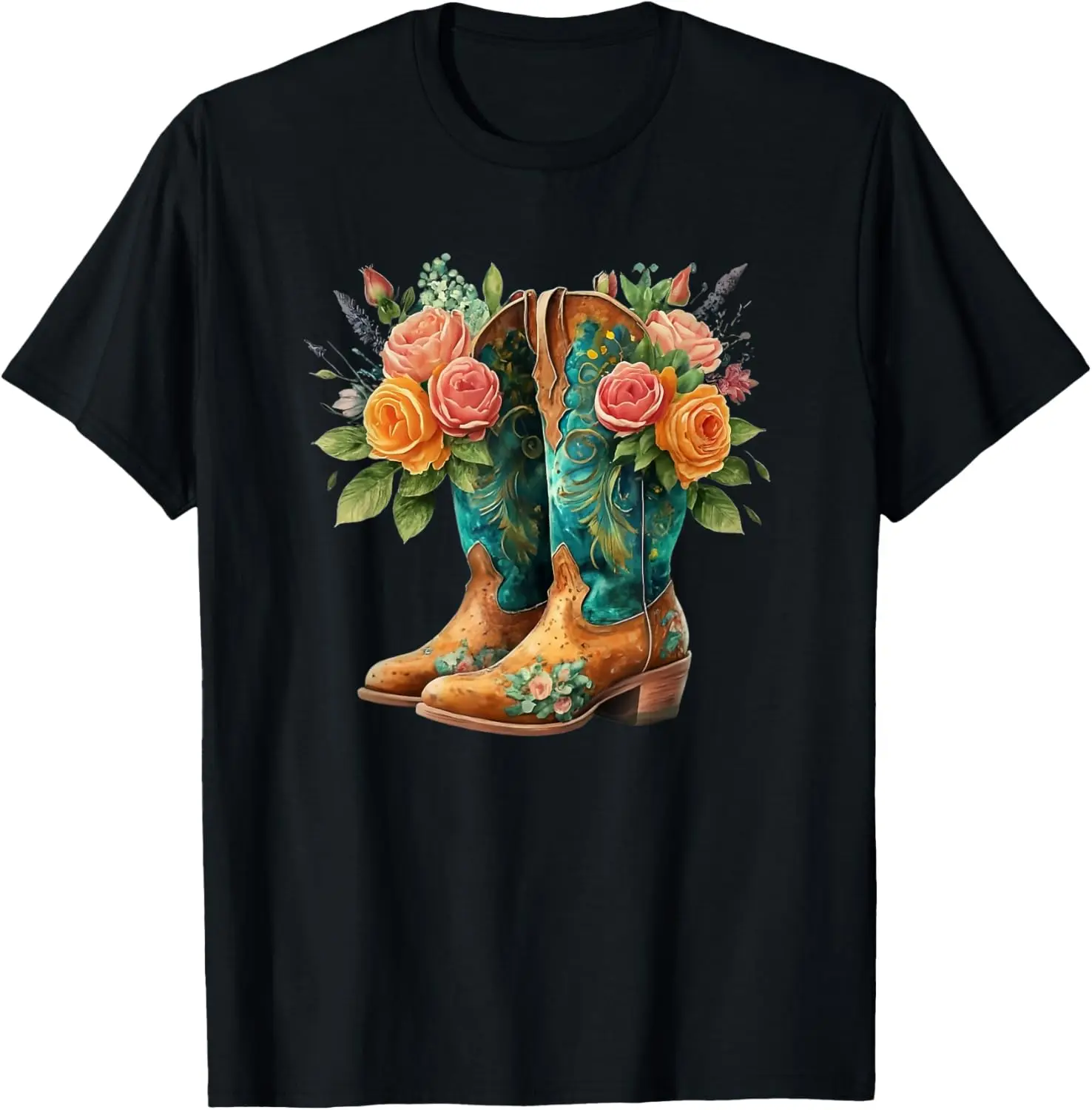 Cowgirl Boots Flowers Country Concert Western Graphic Tee T-Shirt