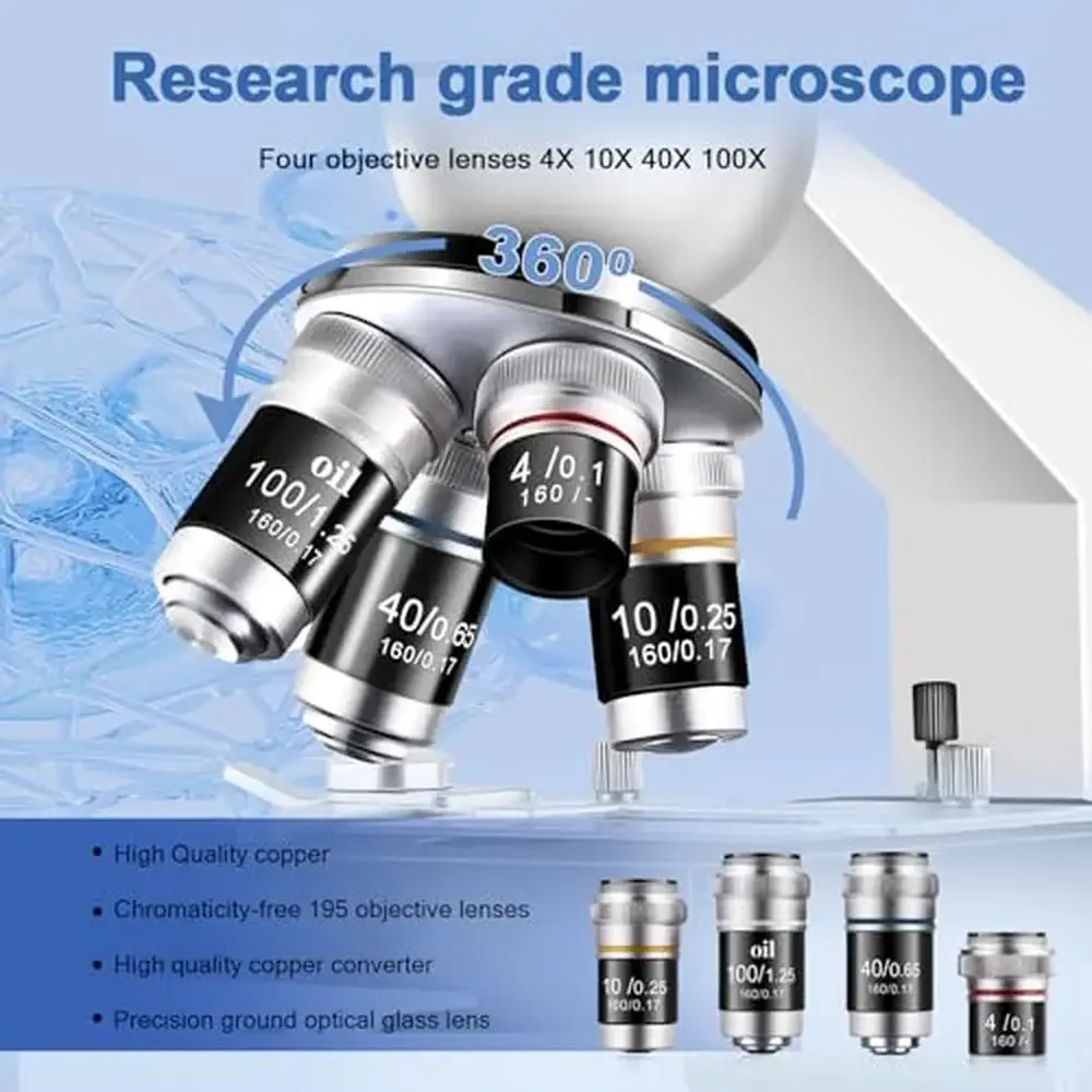 Trinocular Compound Microscope 40X-5000X Magnification LED Lighting Laboratory Grade Adults Microscopes with Slides Coverslips