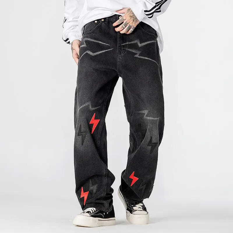 Lightning Leopard Print Patchwork Denim Jeans for Men, Straight Fit, Washed, High-End Versatile High Street Fashion Design, Retro Autumn Long Pants