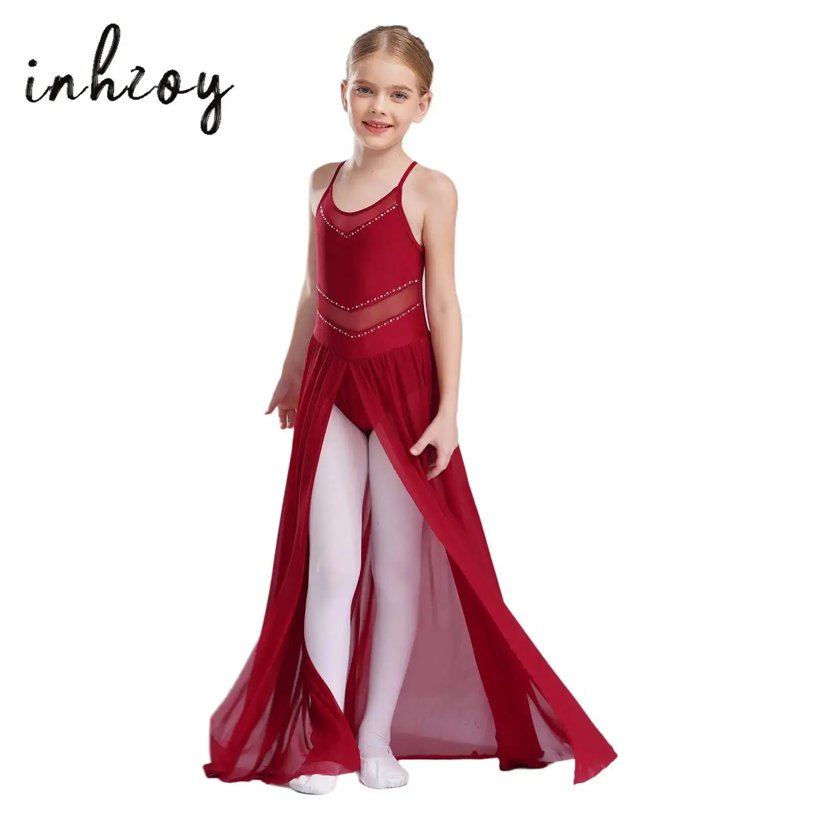 

Kids Girls Modern Lyrical Dance Dress Crisscross Strappy Back Spaghetti Straps Split Flowy Mesh Overlay Dress Ballroom Dancewear