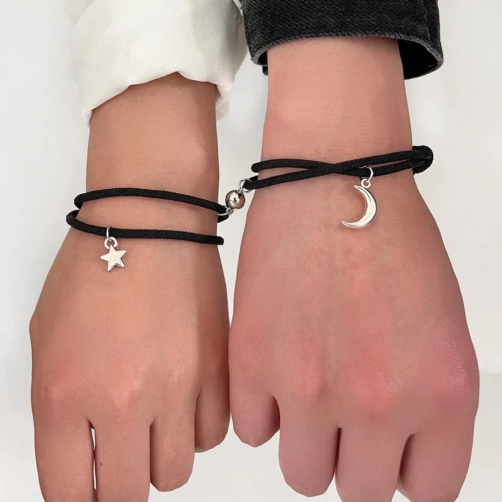 Black Braided Star Moon Matching Bracelets, Adjustable Magnetic Attraction Couple Friendship Jewelry for Women