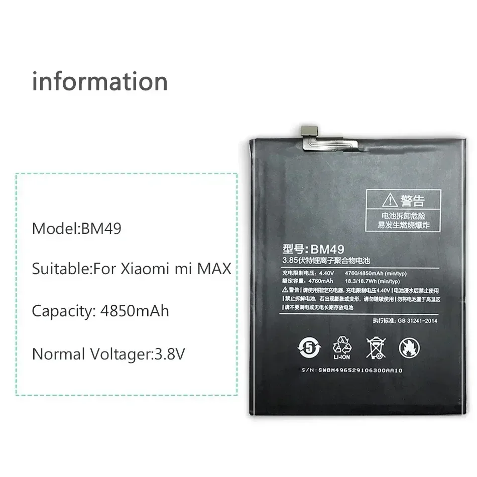 Replacement Battery for Xiaomi Mi Max 3 Max3 BM51 / BM50 Mi Max 2 Max2 / BM49 Mi Max Phone Bateria Battery Batteries +Tools