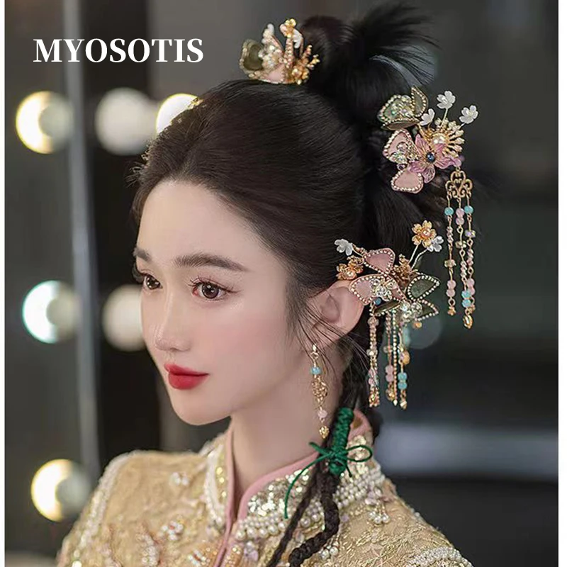 

Bridal Chinese Traditional 3-Petal Leaf Pink Flower Tiaras Hairpins Sets Hanfu Costume WEdding Hair Jewelries