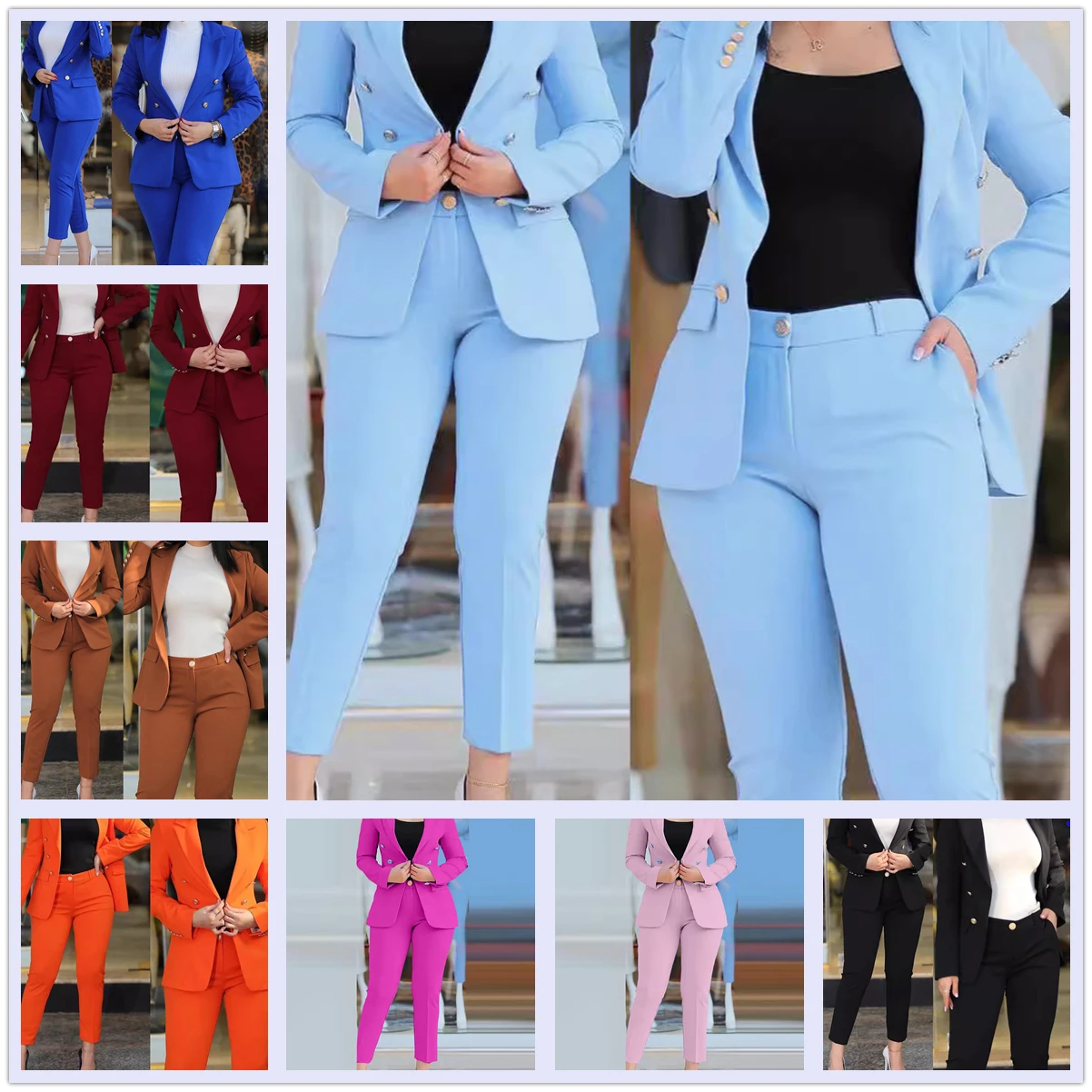 

Elegant Office Lady Two Piece Sets Autumn Winter Women Fashion Notched Neck Long Sleeve Blazer & High Waist Work Pants Suits