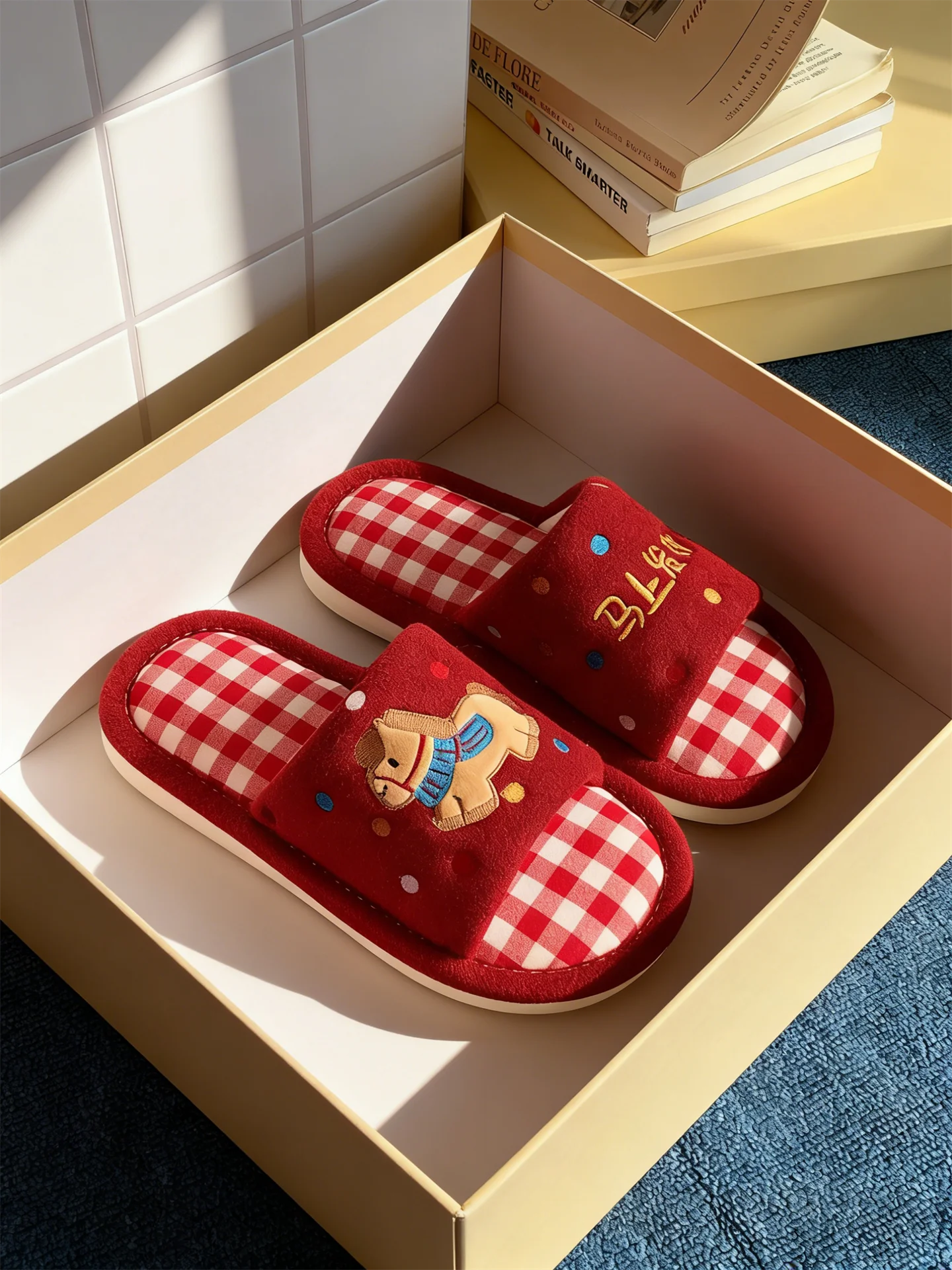 

Красные домашние тапочки женские, нескользящие, милые, с тонким ремешком, весенне-летние, повседневные, с мультяшным принтом