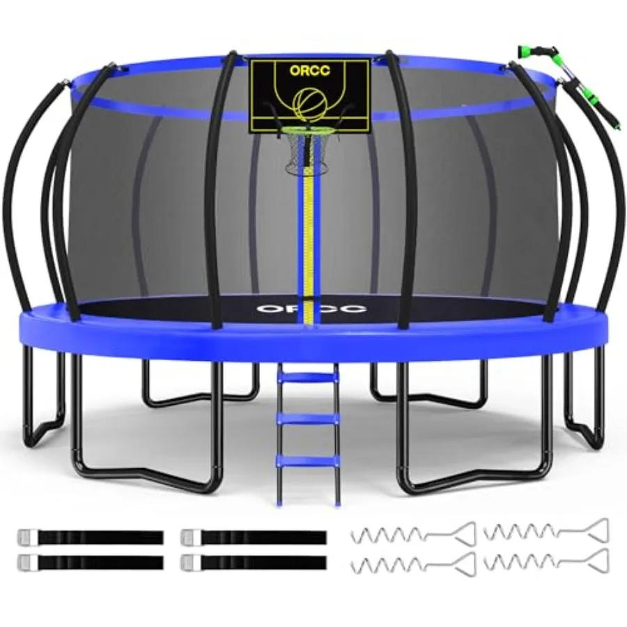 

Outdoor kids trampoline for yard use, galvanized steel frame, black and red, 1300LBS capacity with basketball hoop, water sprin