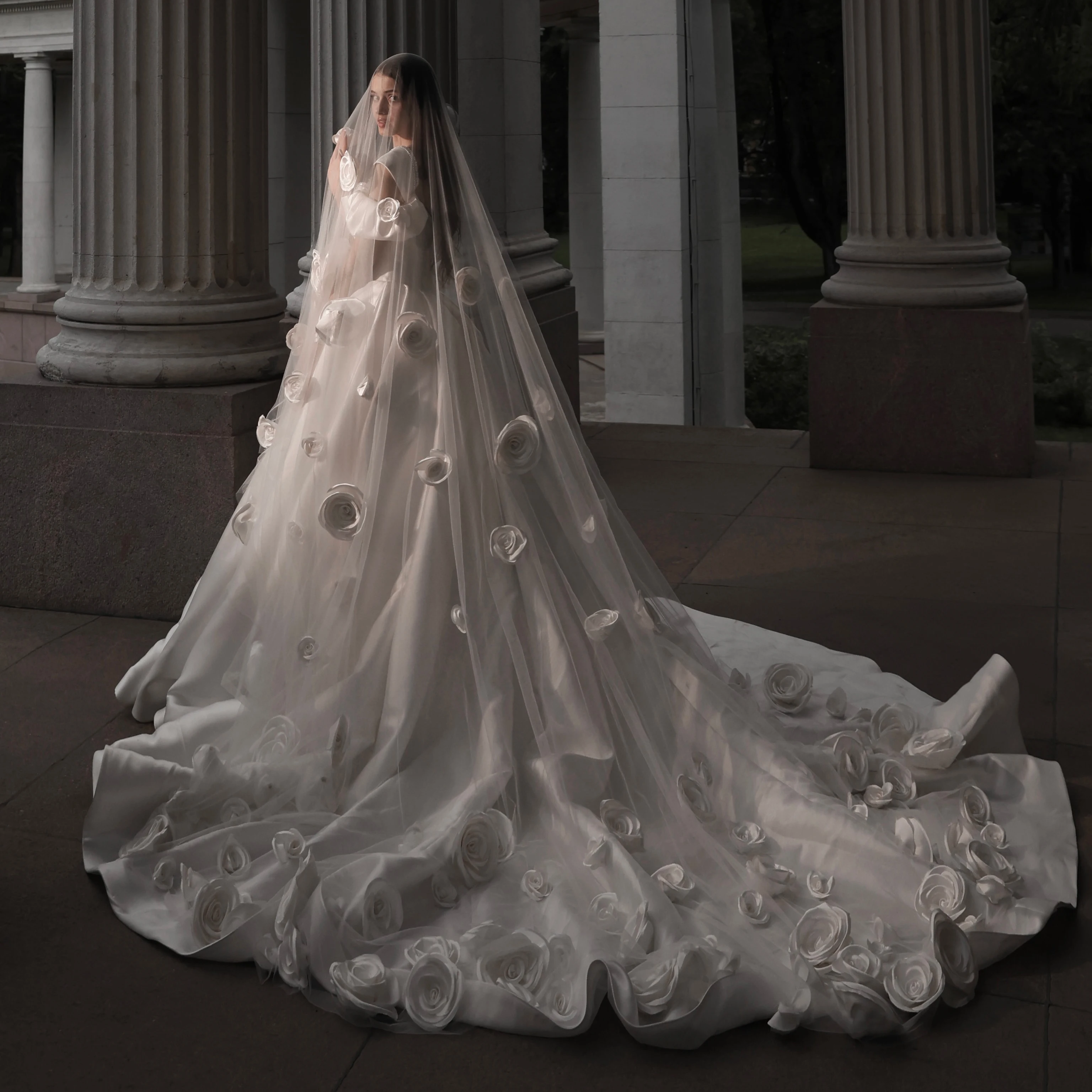 Luxury Silver White Cathedral Veil with 3D Floral Rose Applique and Fluffy Tulle Edge Women Bridal Headpiece Customized V265373