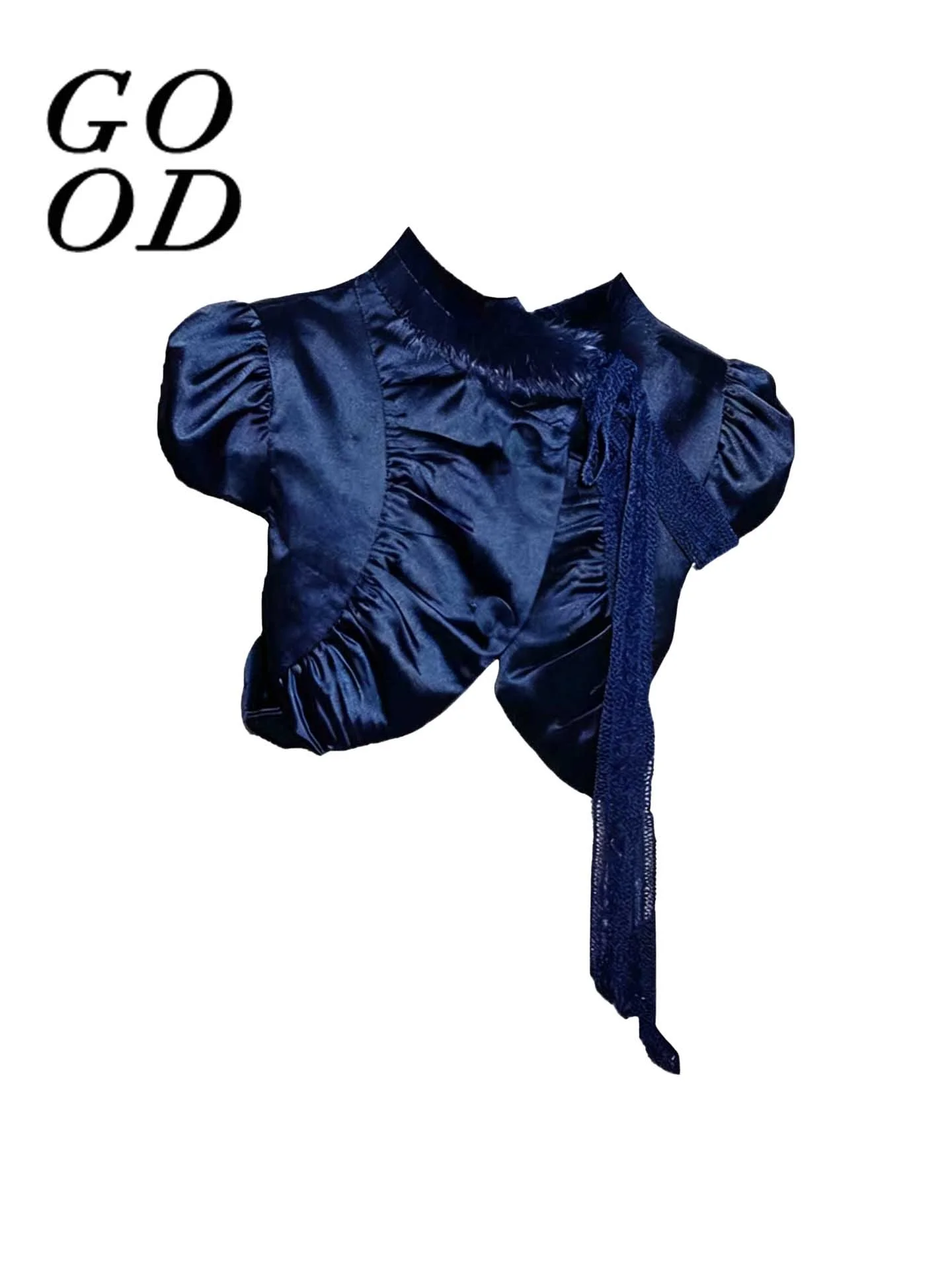 

Slim Fit Short Tank Top Jacket Women's Summer Fashion Design Pure Desire Spicy Girl Dark Blue American Style Bubble Sleeve