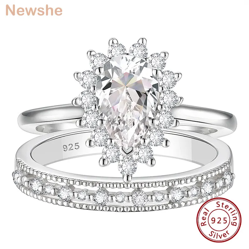 

Newshe Solid 925 Sterling Silver Halo Pear Cut Engagement Ring Eternity Wedding Band for Women Cubic Zircon Jewelry