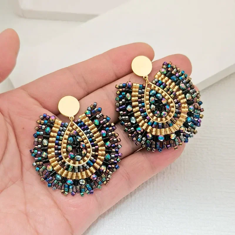 Bohemia Rice bead earrings Water drop Colour Crystal Hand weaving Alloy Personality Ethnic style Beaded earrings  Exaggeration