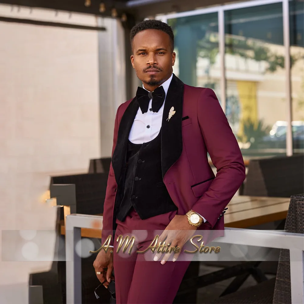 

Sophisticated Men 3-piece Suit purple red jacket pants black velvet vest set for wedding banquet groom ball party custom tuxedo