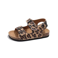 Leopard estilo sandálias para menino e menina, sapatos de praia unisex, dedos abertos, macio, moda, verão, novo, 2024