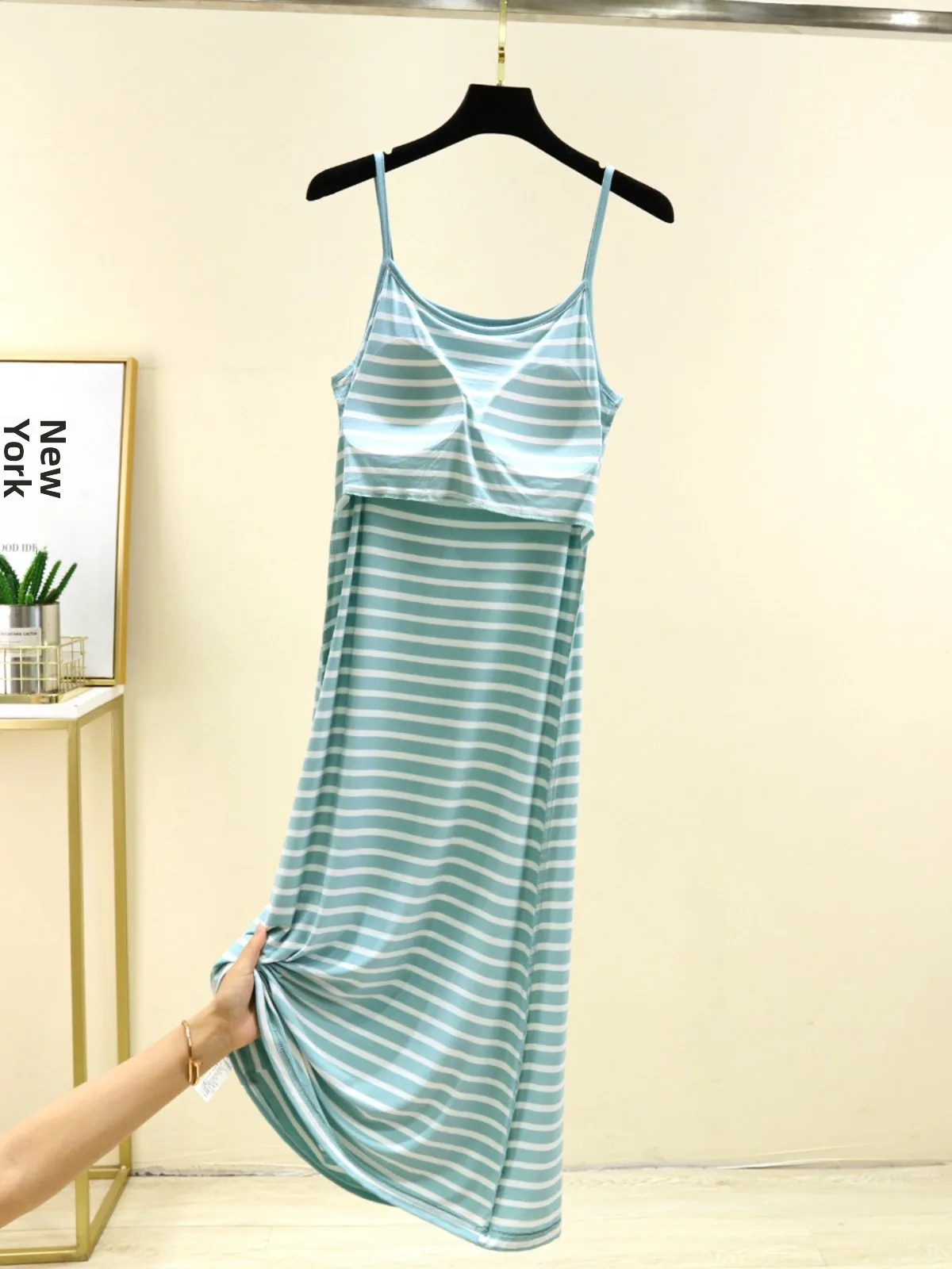 Ice Silk Sleep Dress Thin Strap Gown Home Wear Midi Size Large Pad Bralette Summer Cool Feeling Stripe Base Skirt
