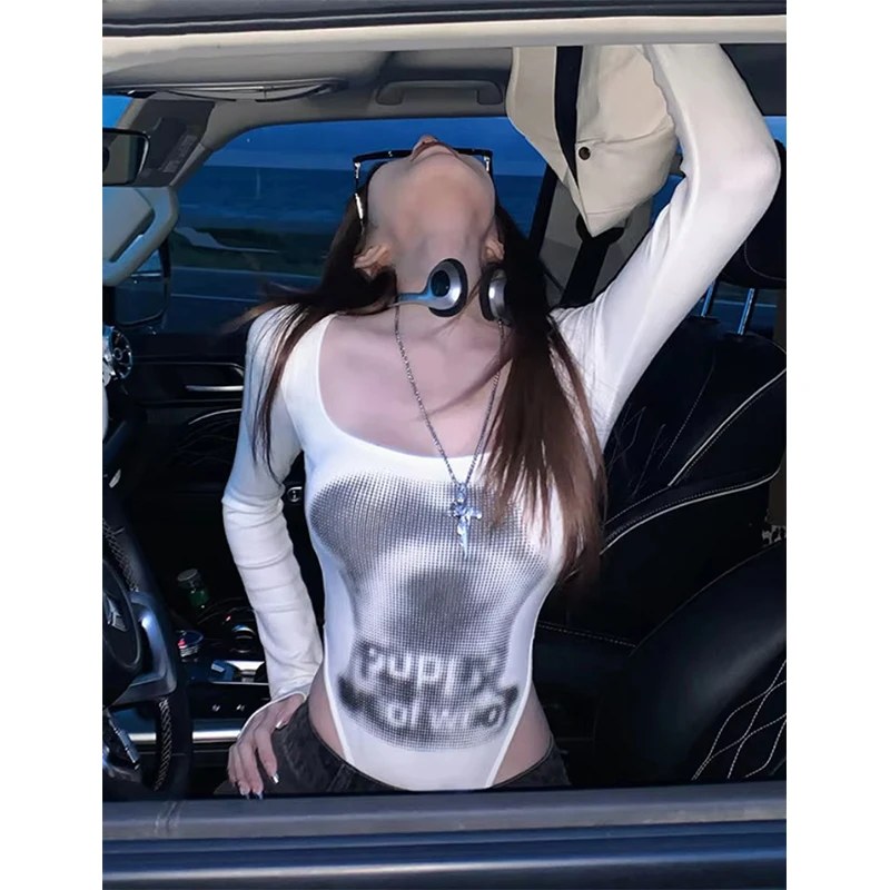 MEXZT Y2K Bodysuits Women Streetwear Letter Print Bodycon Jumpsuits Summer Sexy Gyaru Harajuku Aesthetic Long Sleeve Bodysuit