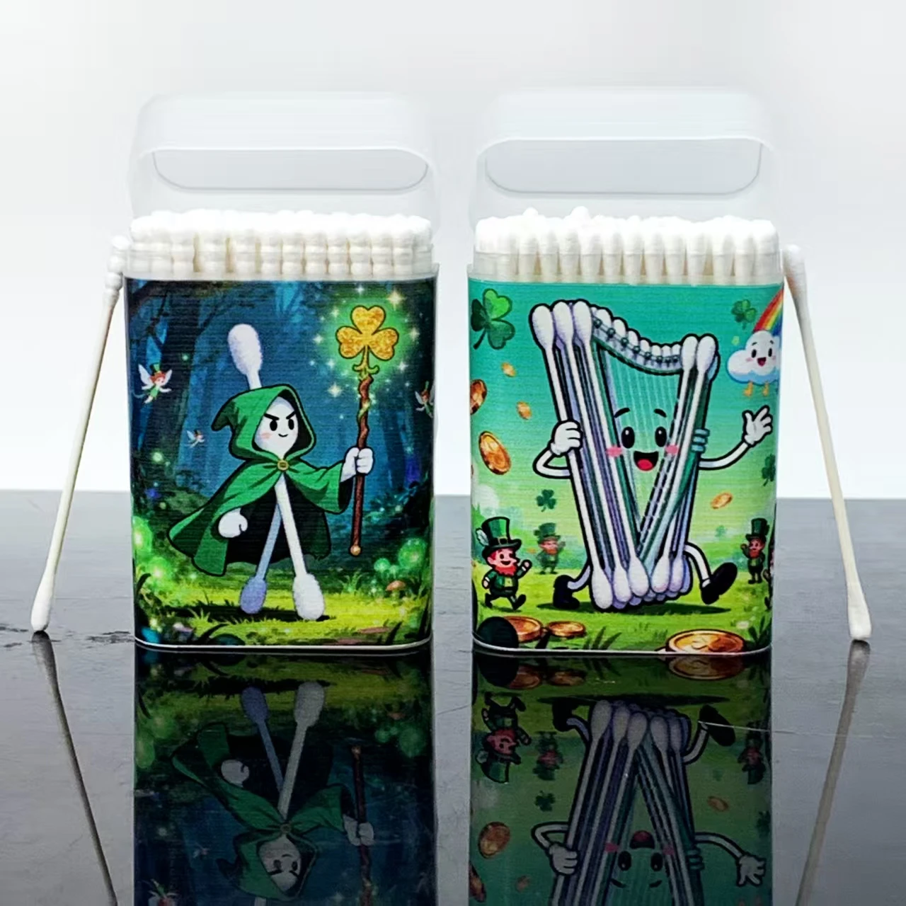 200 قطعة/300 قطعة مسحات قطنية مزدوجة الأطراف على طراز عيد القديس باتريك، مسحات قطنية ذات عمود رفيع للاستخدام المنزلي اليومي